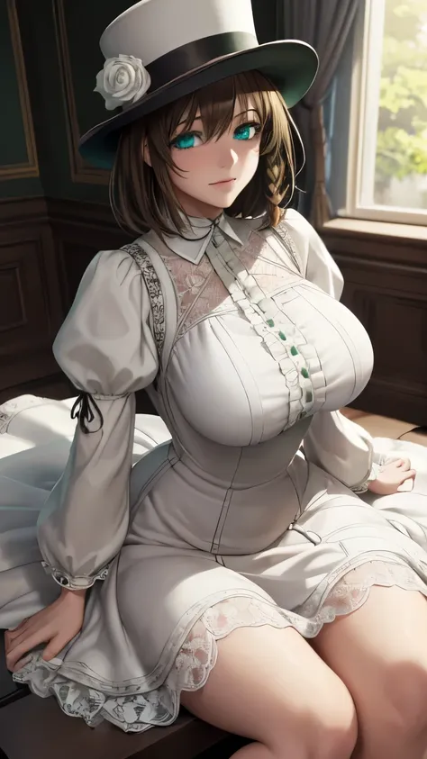 charlotte cody, charlotte corday, braid, brown hair, (green eyes:1.5), short hair, side braid, break hat, hat flower, juliet sle...