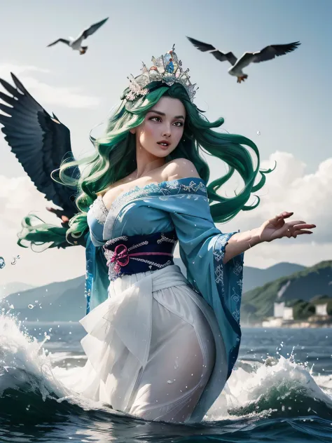 Green hair, very very long wavy hair, hair strands, super details, 1girl, flowy white strapless dress, wide sleeves open kimono, high tides, flying birds, water splashing, queen, frills-trimmed, intricate luxurious headpiece, blue eyes, victorian era, medi...