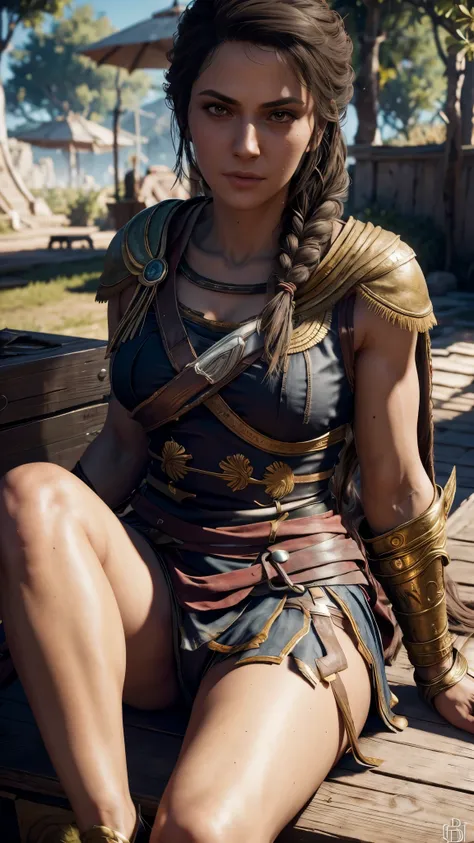 Very nsfw, extremely detailed Kassandra Assassins Creed Universe sexy pose, revealing clothing, sitting down, looking deep in to the viewers eyes, legs spread open, 