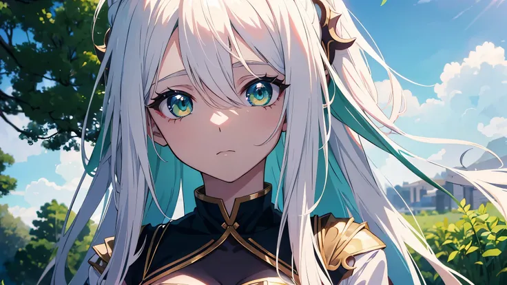 Anime girl 25 years old. with white hair and green eyes looking at camera , long hair、Anime CG arte suave, anime style. 8k, Hecho con Anime Painter Studio, Retrato realista kawaii, Render de una linda chica de anime , Retrato suave colorido, Anime estiliza...