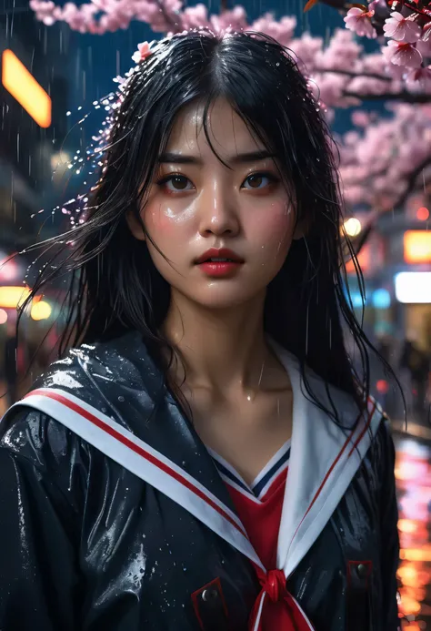 (High resolution,Super detailed,realistic),
Night city girl, with long black hair, wearing a sailor suit（（Has a rugged red weapon））, stare at the camera. While cherry blossoms are falling、rain falls around her. her eyes shine with hatred and determination....