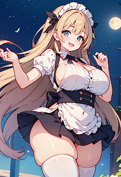 Erotic Anime Illustration、fantasy、A plump maid serving a party、beautiful eyes、dance hall、Little Bird of the Moon、mini skirt、ecstatic smile、Overwhelming huge breasts that go beyond common sense、thick legs with fat、perfect proportions、cowboy shot