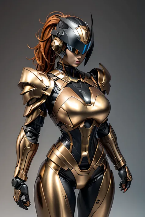 female robocop solo、Armor that completely covers the whole body、very large armor、Helmet covering the head、Eyes hidden by thin straight goggles:1.3、The lower half of the face is raw:1.5、The lower half of the face is exposed、luscious lips、orange metallic arm...