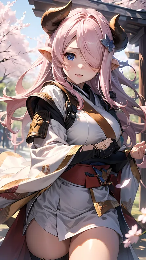 (best quality,4k,8k,highres,masterpiece:1.2),ultra-detailed,(realistic,photorealistic,photo-realistic:1.37),Narmaya wearing samurai armor in a forest of Cherry Blossoms,beautiful detailed eyes,beautiful detailed lips,extremely detailed eyes and face,long e...