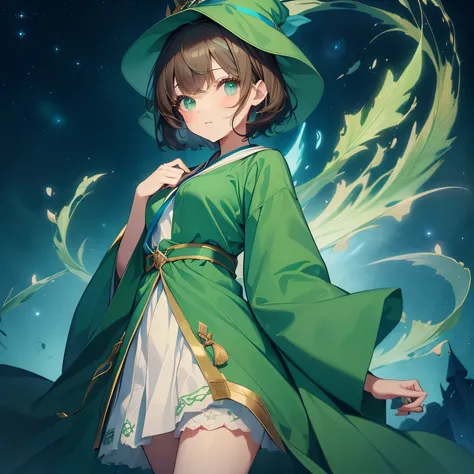 
highest quality、very delicate and beautiful、((teenage girl))、green eyes、small breasts same、short hair、Brown hair mixed in、short hair、(Green Wizard Hat)、（a large blue ribbon on the head）Soio、Green clothing、long sleeve、Red brooch on the neck、((Blue wizard r...