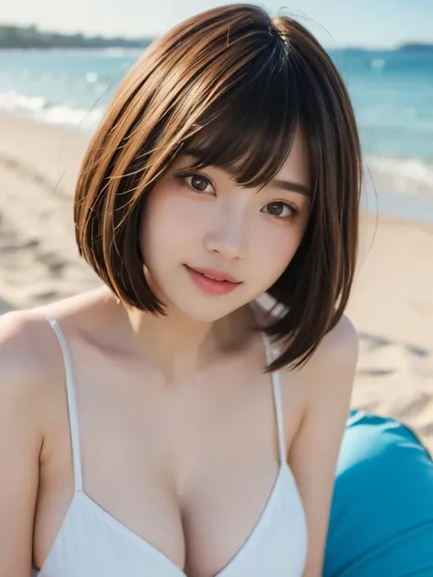 (masterpiece:1.2,highest quality),Shooting with a prime lens,blur the background,1 High school girl,(big breasts),Completely naked,brown hair,bob cut hair,detailed and beautiful eyes,blushing face,healthy skin,looking at the viewer,Troublesome pose,smile,(...