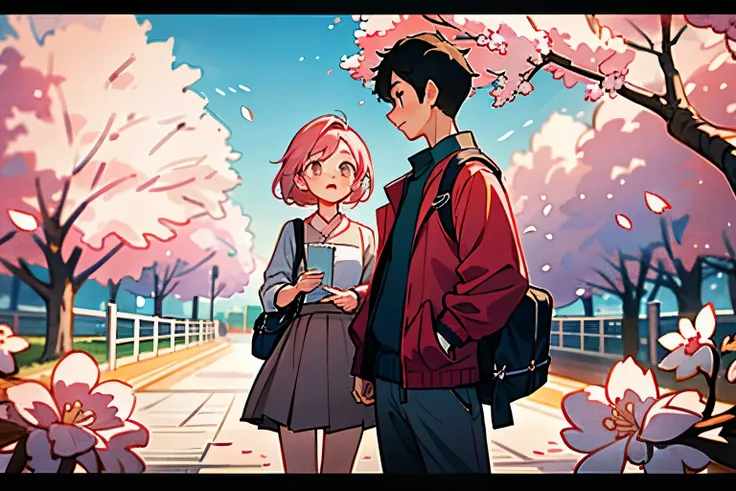 cherry blossoms are blooming、A boy and a girl are standing facing each other、A girl is reaching out to a boy and giving him a letter.、The girl is looking down、、boy is surprised