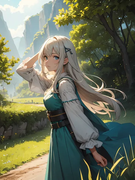 In a green meadow is a girl who leads a group of knights.
BREAK
With a brave expression, guides them to their destination.
BREAK
Behind her, A green forest extends and beyond that, Mountains rise in the distance.
BREAK
The most suitable effect for this sce...