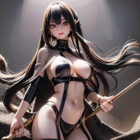 (best quality,4k,highres,masterpiece:1.2),ultra-detailed,realistic,long black hair,beautiful detailed eyes,beautiful detailed lips,nude,wielding weapons,long flowing hair,serious expression,dark atmosphere,sharp focus,detailed weapon,studio lighting,vivid ...