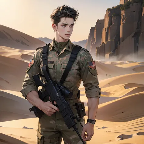 Masterpiece, high quality, best quality, 3D HD, realistic, perfect lighting, detailed body, Quiff hairstyle, 1 Man, military at war, desert background