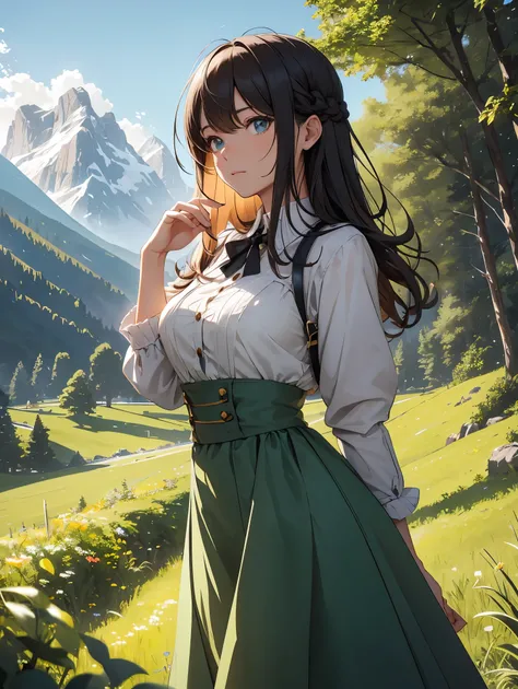 In a green meadow is a girl who leads a group of knights.
BREAK
With a brave expression, guides them to their destination.
BREAK
Behind her, A green forest extends and beyond that, Mountains rise in the distance.
BREAK
The most suitable effect for this sce...