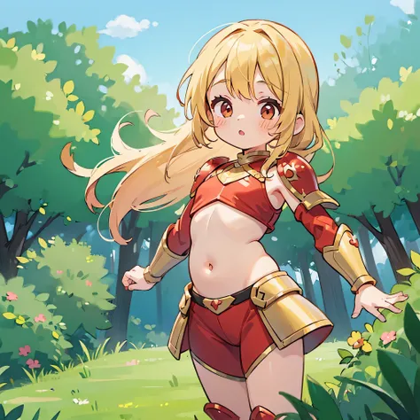 (toddler girl:1.5),Long blonde hair,red knight armor,shoulders are visible,belly button,standing,outdoors