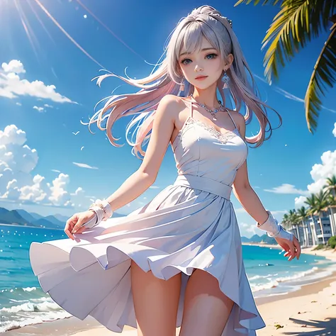 low angle,from below,very windy,skirt lift,panty shot
(1girl),(Kamisato Ayaka in Genshin Impact),  ((masterpiece, highest resolution,best quality)), (beautiful illustration),(semi long beautiful silver pink hair),(beautiful blue eyes), (white elegant camis...