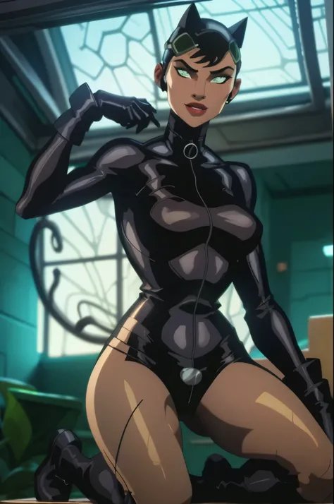 A captivating Catwoman figure, boasting generous assets, The velvety fabric of her iconic suit clings to her curvaceous figure, big breasts, cleavage. Her seductive green eyes gleam, a sly smile playing at the corner of her mouth. The intricate details of ...