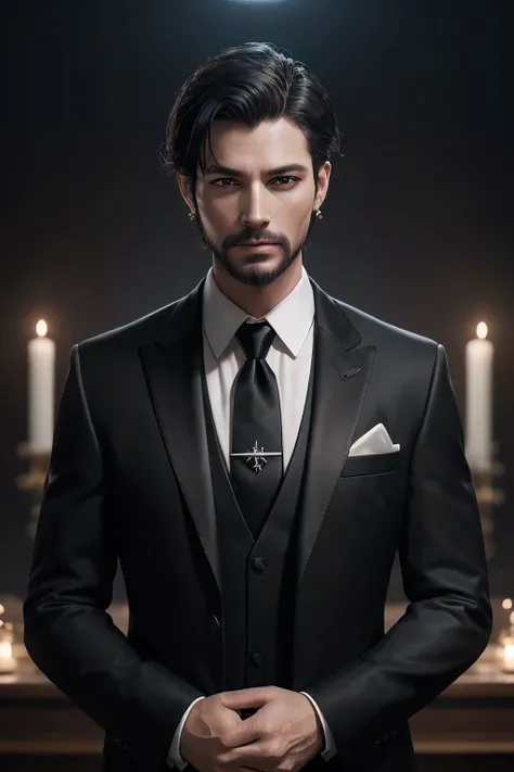 (Masterpiece), best quality, highest quality, highly detailed CG unity 8k wallpaper, original, high resolution, (depth of field: 1.5), fidelity: 1.3, masculine, groom portrait style, boy facing right, altar background, black wedding suit, red wedding neckt...