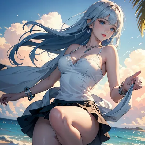 low angle,from below,very windy,skirt lift,panty shot
(1girl),(Kamisato Ayaka in Genshin Impact),  ((masterpiece, highest resolution,best quality)), (beautiful illustration),(semi long beautiful silver blue hair),(beautiful blue eyes), (white elegant see t...