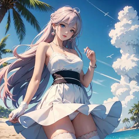 low angle,from below,very windy,skirt lift,panty shot
(1girl),(Kamisato Ayaka in Genshin Impact),  ((masterpiece, highest resolution,best quality)), (beautiful illustration),(semi long beautiful silver pink hair),(beautiful blue eyes), (white elegant camis...