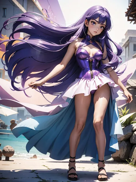 Garota anime de cabelo purple com saia vestido longo purple meio transparente e espartilho, 16 anos, corpo bonito, seios grandes, com hand in panties , hand in purple hair, Garota sexy, purple hair, mechas de cabelo laterais, mechas de cabelo na lateral do...