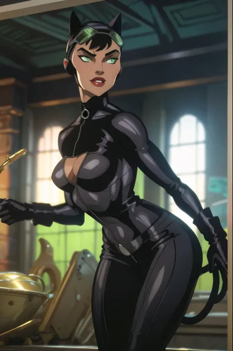 A captivating Catwoman figure, boasting generous assets, The velvety fabric of her iconic suit clings to her curvaceous figure, big breasts, cleavage. Her seductive green eyes gleam, a sly smile playing at the corner of her mouth. The intricate details of ...