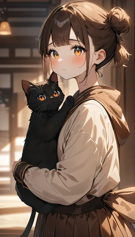 highest quality、black catを抱く女の子、cute 14 year old girl、bun hair with brown hair tied、black cat、natural look、long shot、natural lig...