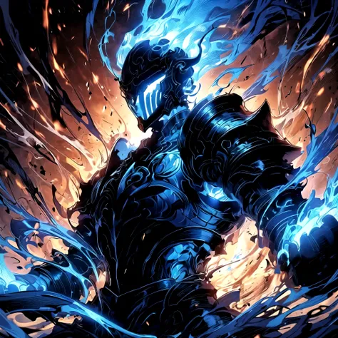 solo, cowboy shot, armor, helmet, fire, shoulder armor, gauntlets, blue theme, breastplate, full armor, blue fire, undead shadow...