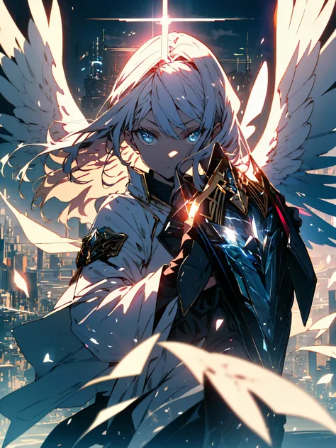 (highest quality、masterpiece、High resolution、detailed)、(Shining eyes、detailed beautiful face)、8K、A strong angel in heavenly armor, with shield sword, seven wings, Ready for battle 、beautiful anime