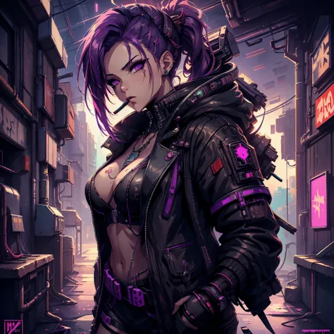 anime girl with purple hair smoking a cigarette in a dark room, cyberpunk art style, digital cyberpunk anime art, anime cyberpunk art, cyberpunk anime art, cyberpunk horror style, cyberpunk character art, dark cyberpunk illustration, female cyberpunk anime...