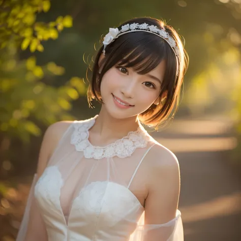 A beautiful girl, on a forest trail in the early morning, gray childrens formal dress, adorable smile, short bob, white ribbon headband, top quality, masterpiece, high resolution, realistic, photorealistic, extremely detailed depiction , fine detail, soft ...