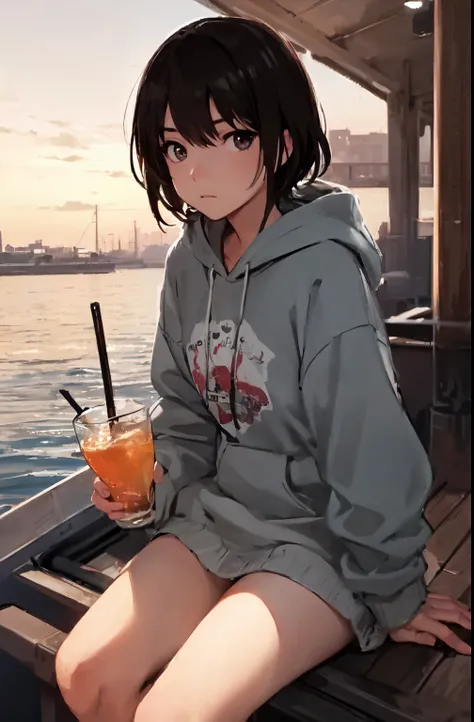 Anime girl sitting on a boat with a drink and looking at the camera, artwork in the style of Gweiz, black-haired girl wearing a hoodie, Gweiz, Makoto Shinkai&#39;s art style, Makoto Shinkai style, Gweiz and makoto shinkai, lofi girl, anime style 4k, 4k ani...