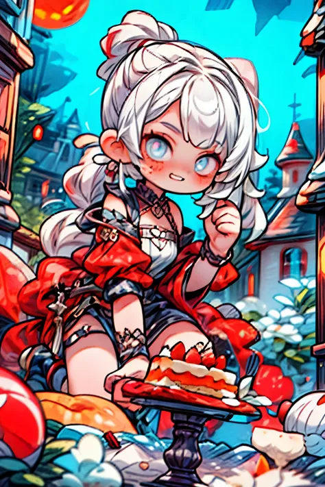 masterpiece, best quality, cute, kawaii, 1 girl,kid,solo,silver brite hair,pony tail hair,golden shining eyes,big smile,colorless,gothic dress,bloody,in the castle,you can see the castle from the window too,night,red moon,big eyes,eating cake,