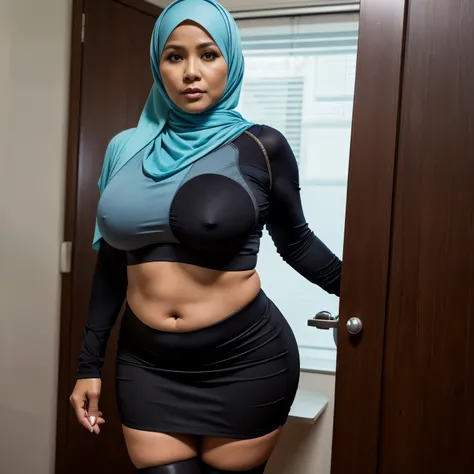 47 years Old, Hijab Indonesian mature woman, Droopiest Gigantic  : 76.9, Tight Sport Bra, Mini Skirt, Tight Stockings, (curvy body), Breast about To burst out from her clothes, at doctor office, Dark light, at Nighttime.