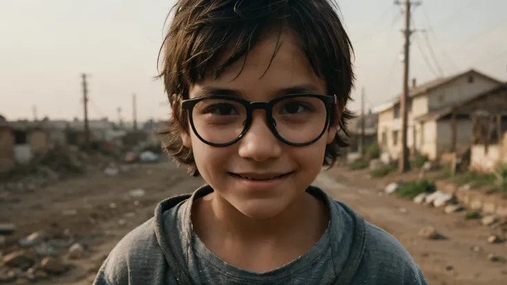 landscape portrait of a kid with eye glasses looking poor, dust, cinematic detail, village, smile