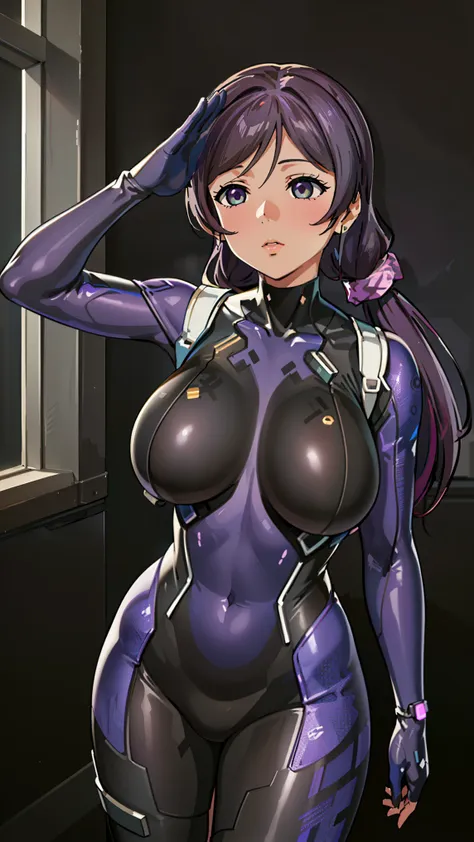 1 girl,nsfw,nozomi tojo, (lovelive), vr visor, clavicle, absurd, brainwashing,combatant, empty eyes,((purple glowing eyes 1.5)),...