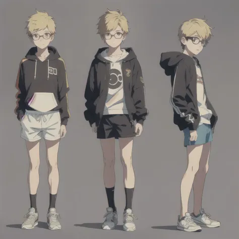 (Same character front, side and back)(white background) teenage boy, short blond hair, glasses, shorts, sneakers, hoody  