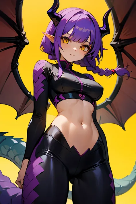 Dragon girl , Her hair is purple with braids, yellow eyes, dragon horns, dragon wings, and a dragon tail, Tight clothes, exposed stomach