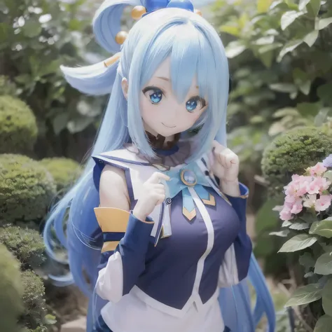 (a young girl with) blue hair, (wearing) a white and blue dress, (holding) a staff, (standing) in a lush, vibrant garden, (with) colorful flowers (blooming) around her, (under) a clear blue sky.
(portraits) of the girl, (photorealistic) rendering, (with) (...
