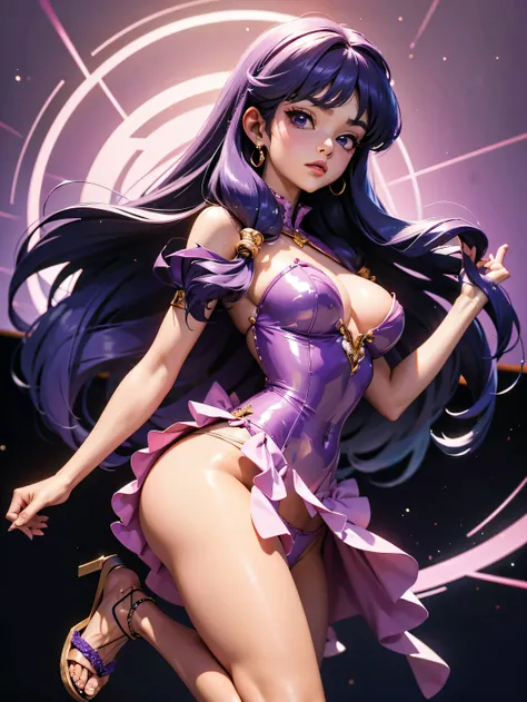 Garota anime de cabelo purple com saia vestido longo purple meio transparente e espartilho, 16 anos, corpo bonito, seios grandes, com hand in panties , hand in purple hair, Garota sexy, purple hair, mechas de cabelo laterais, mechas de cabelo na lateral do...