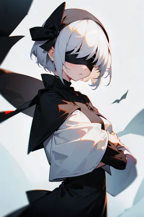 Girl, short white hair, blindfold (covering her eyes), wide black clothes