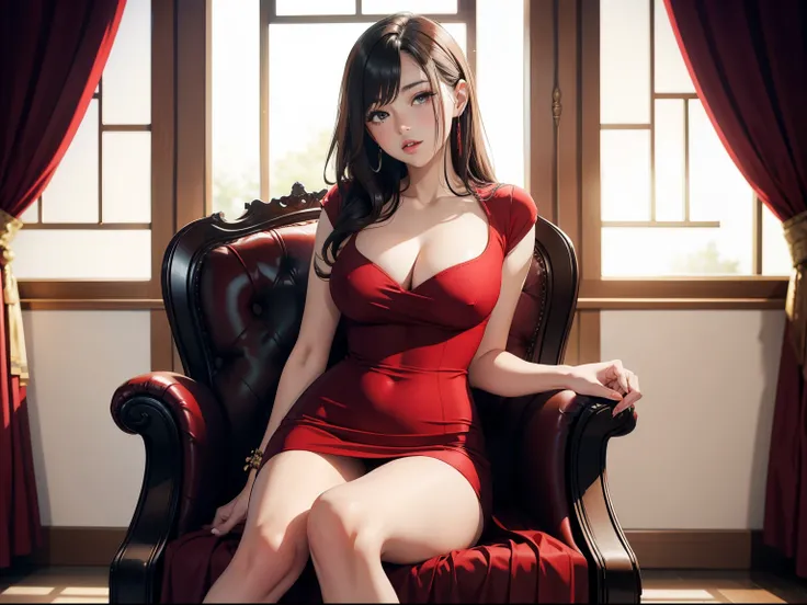 Young sexy woman wearing a red dress sitting on a chair, dim lighting, sexy, hot, lustful