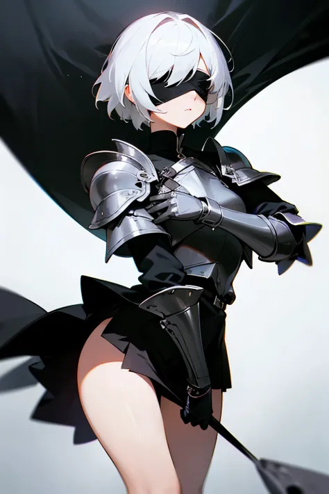 Girl, short white hair, blindfold, wide black clothes, Knights armor, very short skirt