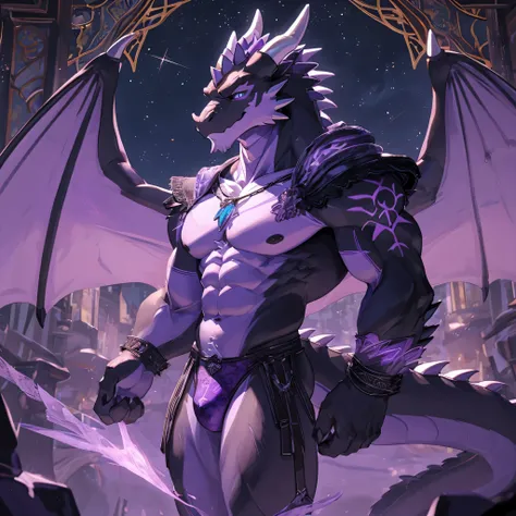 anthro male black dragon in purple lacy and showy purple lingerie An imposing and striking anthro male black dragon, his chiseled features and muscular physique accentuated by the delicate and lacy violet lingerie he adorns. His wings, which stretch far be...