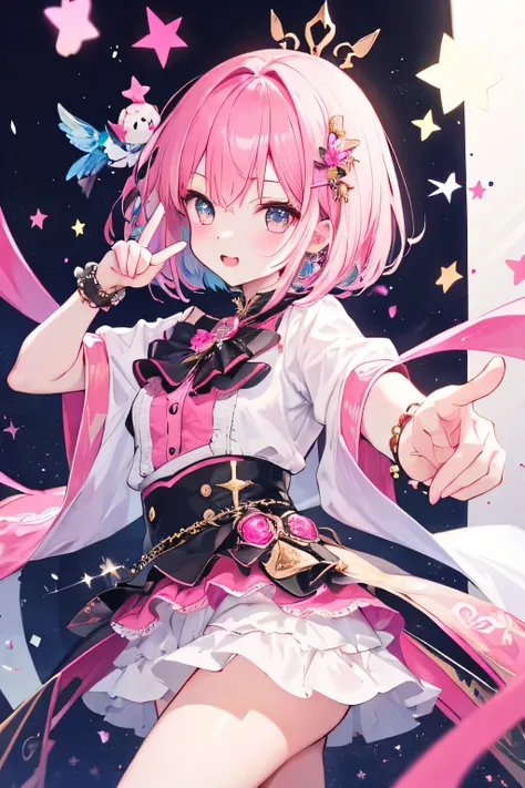 highest quality、Two-dimensional beautiful girl、cute、girl、pink hair、Bob hairstyle、lots of races、clothes with pink jewels、cute costume、Original image 8K、Idol、Live、He is posing pointing towards me.