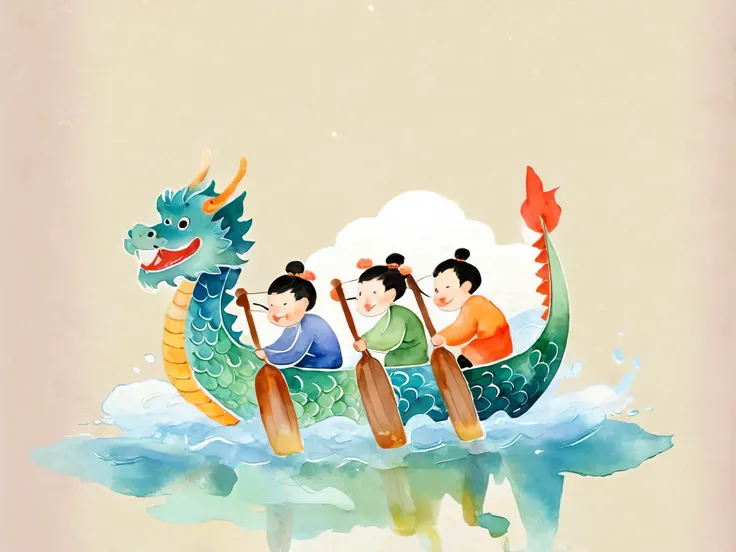 Three people rowing a dragon boat，Chinese watercolor painting style，Both the people and the dragon boat look cartoony and cute