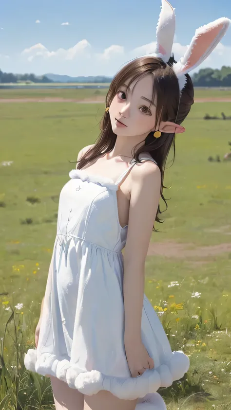 (((Masterpiece))),((top quality)),one beautiful Japanese girl,Pale, (An anthropomorphic rabbit character: 1.5), (Rabbit long ears:1.5)、(((Round tail:1.5)))、(belly button)、(fluffy dress:1.5),(plain clothes), (skin revealing),(The background is grassland 1.5...