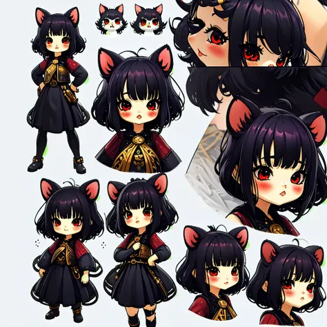 CharacterDesignSheet、the same character、gauges、across、soles)、illustratio、1 girl、Pink and light blue、bangss、hairstyle semi long、The eye、Environmental changes、White background、Various expressions, , black pigtails with cat ears, red eyes