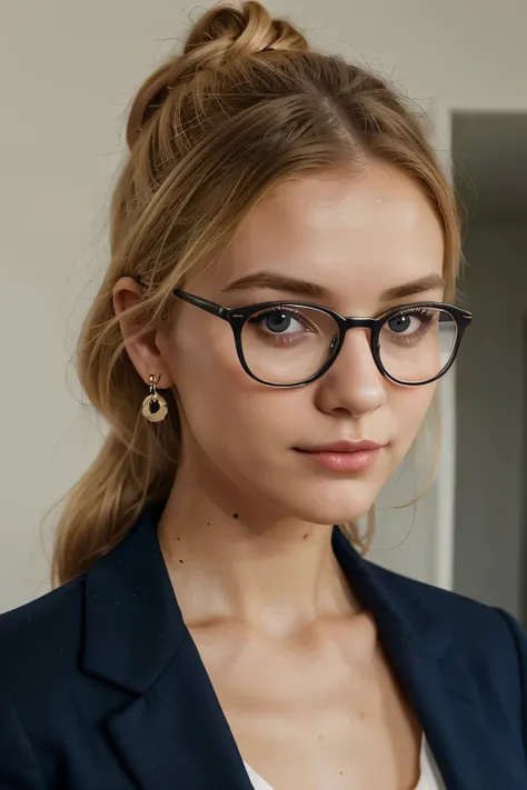 Create an image of a young Danish woman with blonde hair styled in a casual top knot. Shes wearing large, fashionable tortoiseshell glasses that frame her eyes and complement her fair complexion. She has a subtle smile on her lips, and her attire suggests ...