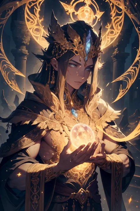 A powerful immortal cultivator, radiant with energy and reserves of spiritual power, exquisite facial features carved with wisdom and determination, tall and muscular build, clad in ancient robes worn with pride, golden aura emanating from the body, holdin...