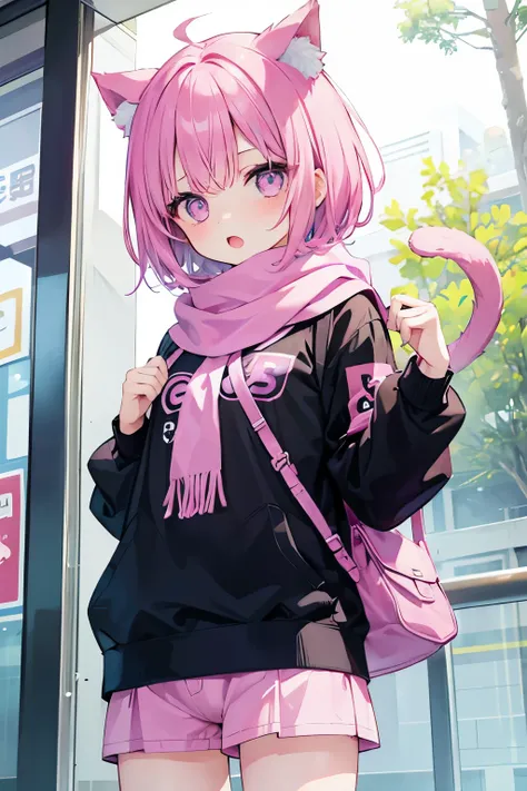 Very beautiful and shining eyes、shining eyes、1 girl、small breasts、big mouth、high school girl、small breasts、Cat ear、Transparent pink short hair、scarf、hot pants、transparent clothes、childish clothes、7 year old girl