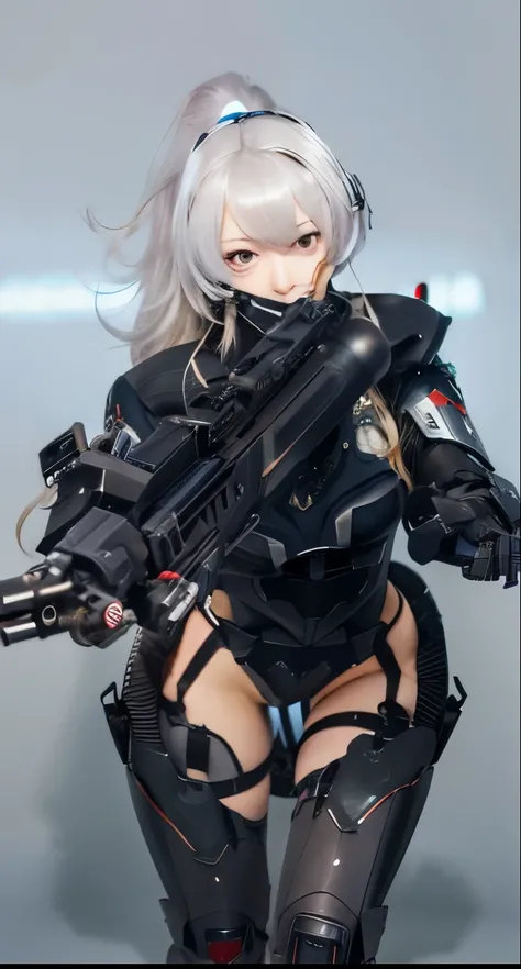 Beautiful girl with a gun in her hand and a helmet on, long hair gray ash, hair ends purple, right eyes red over power and left eyes blue, background beautiful forest, m4 sopmod ii girls frontline, girl in mecha cyber armor, intricate assasin mecha armor, ...