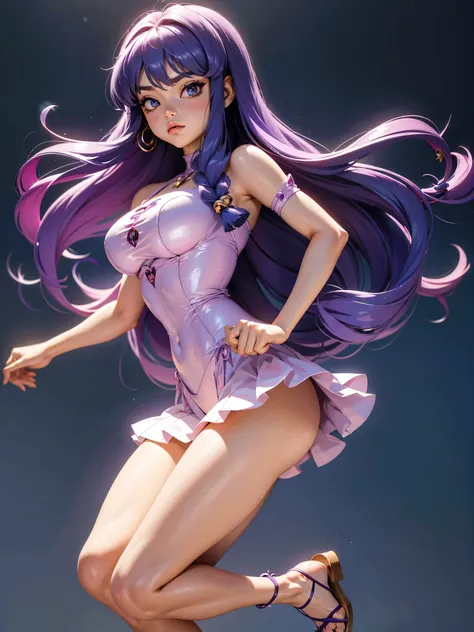 Garota anime de cabelo purple com saia vestido longo purple meio transparente e espartilho, 16 anos, corpo bonito, seios grandes, com hand in panties , hand in purple hair, Garota sexy, purple hair, mechas de cabelo laterais, mechas de cabelo na lateral do...